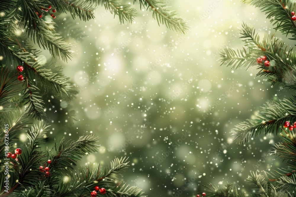 Pine branches with berries on a festive Christmas background Pine branches with berries on a festive Christmas background