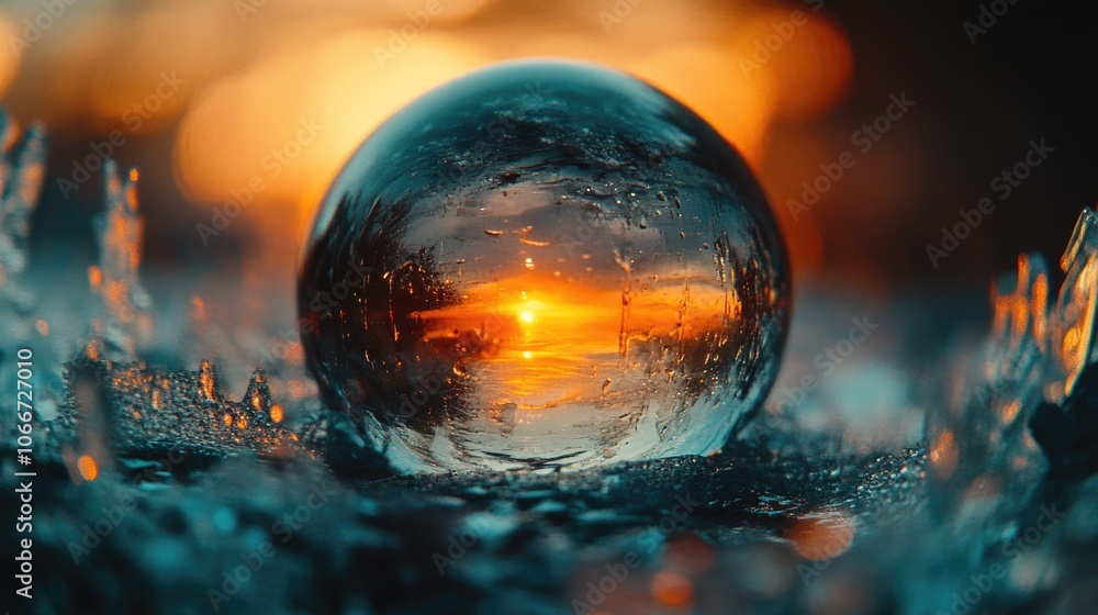 A clear glass ball sits atop snow-covered ground, perfect for winter scenes or festive decorations A clear glass ball sits atop snow-covered ground, perfect for winter scenes or festive decorations