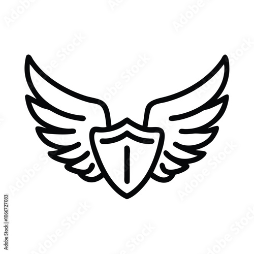 Winged Shield Emblem Outline Design, Black and white outline of a winged shield emblem, combining elements of strength and protection with a minimalist, fantasy-inspired look.
