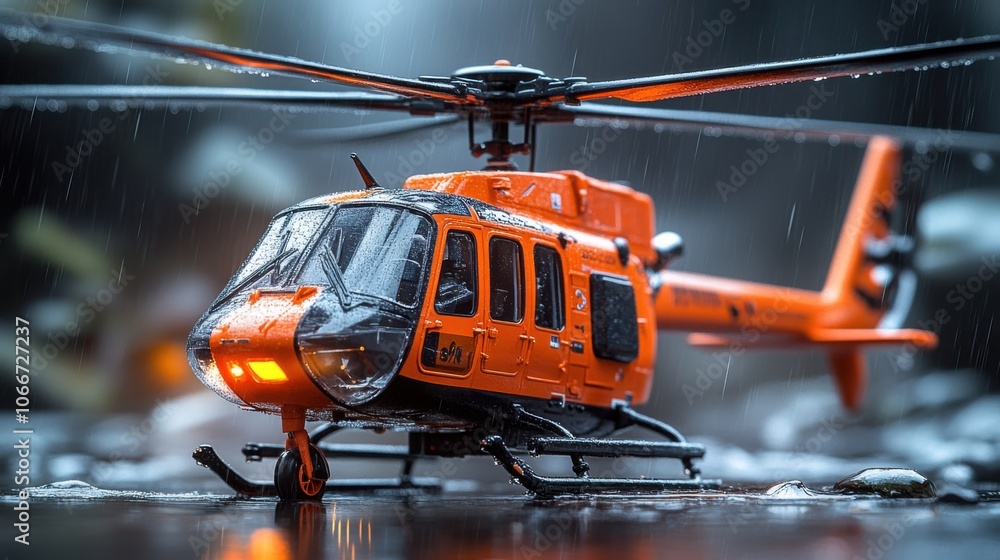 Rescue helicopter in rainy urban setting, close-up of vibrant orange aircraft with rain droplets, emergency aviation and weather conditions, search and rescue mission, transportation Rescue helicopter in rainy urban setting, close-up of vibrant orange aircraft with rain droplets, emergency aviation and weather conditions, search and rescue mission, transportation