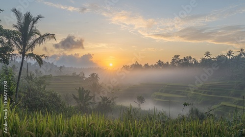 A serene sunrise over lush rice terraces, enveloped in mist, showcasing nature's beauty and tranquility. photo