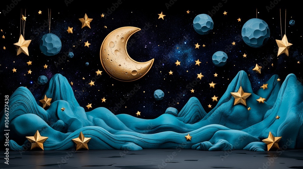 custom made wallpaper toronto digitalNight Sky with Golden Stars Crescent Moon and Blue Mountains