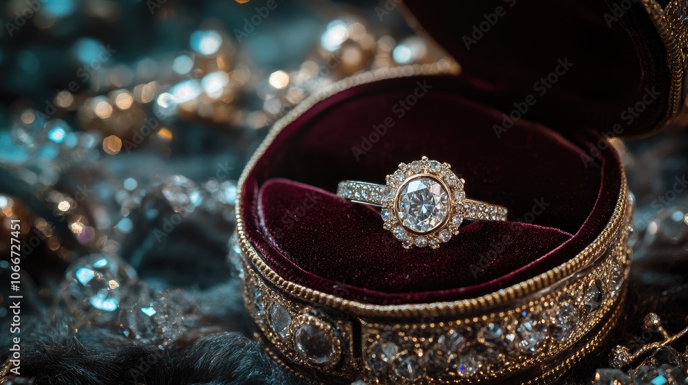 Velvet box with a diamond ring surrounded by glittering crystals, symbolizing everlasting love and sparkle Velvet box with a diamond ring surrounded by glittering crystals, symbolizing everlasting love and sparkle