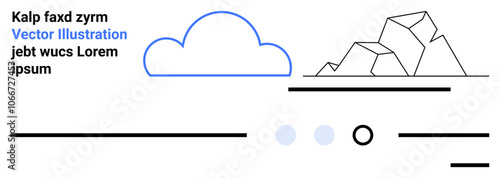 Cloud with outline, geometric rocks, various horizontal lines and text elements in blue and black colors. Ideal for modern design, web interfaces, tech visuals, branding, simplicity, elegance