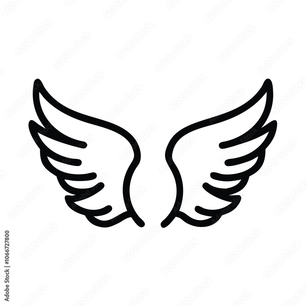 Outline Icon of Angel Wings Illustration, Simple black and white outline of a pair of angel wings, featuring a minimalist design ideal for religious or fantasy themes.
