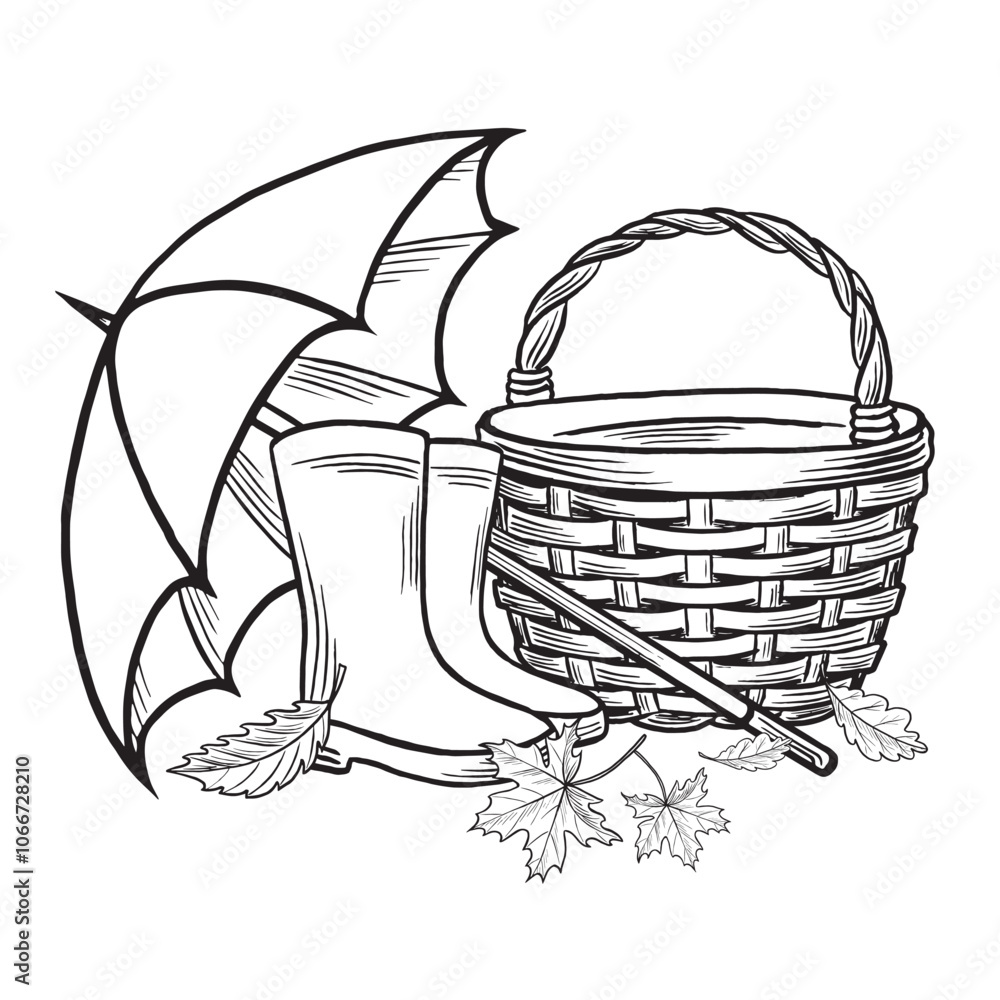 Wicker basket with rubber boots, umbrella and leaves. Cozy autumn composition sketch. Vector line illustration, hand drawn isolated. Black and white doodle fall arrangement. Clipart for card, sticker Wicker basket with rubber boots, umbrella and leaves. Cozy autumn composition sketch. Vector line illustration, hand drawn isolated. Black and white doodle fall arrangement. Clipart for card, sticker
