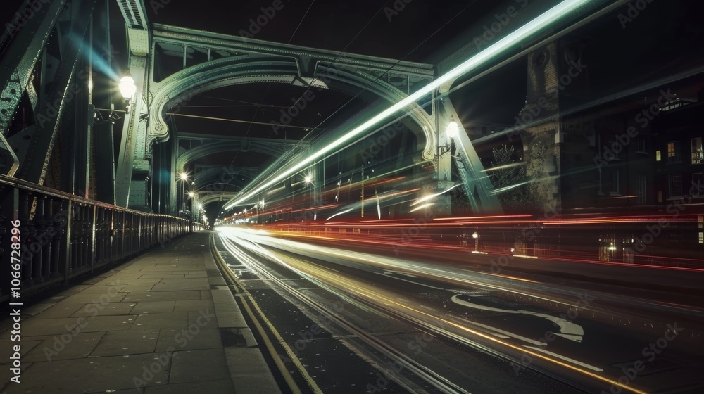 The ling lights of passing cars creating a sense of motion as they cross a historic bridge. The ling lights of passing cars creating a sense of motion as they cross a historic bridge.