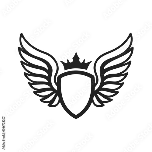Crowned Winged Shield Outline Emblem, Black and white outline illustration of a winged shield with a crown, symbolizing royalty, strength, and protection in a minimalist design.
