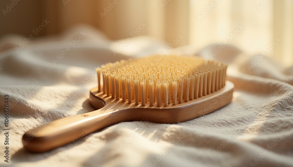 Close-Up of Wooden Hairbrush on Soft Textured Fabric Surface. Close-Up of Wooden Hairbrush on Soft Textured Fabric Surface.