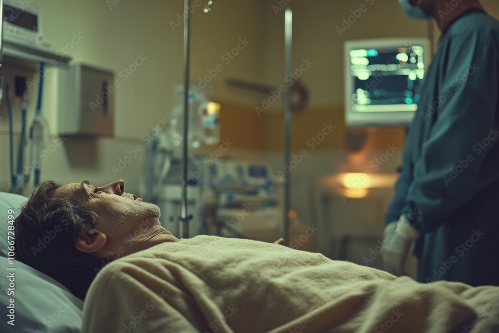 A person lying in a hospital bed accompanied by a nurse, ideal for medical or healthcare related concepts A person lying in a hospital bed accompanied by a nurse, ideal for medical or healthcare related concepts