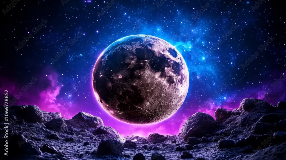 Cosmic Landscape Moon Stars and Purple Nebula Cosmic Landscape Moon Stars and Purple Nebula