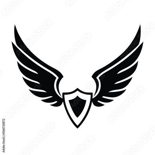 Black Winged Shield Emblem Silhouette, Silhouette of a black winged shield emblem, representing strength, protection, and honor in a bold, minimalist design.
