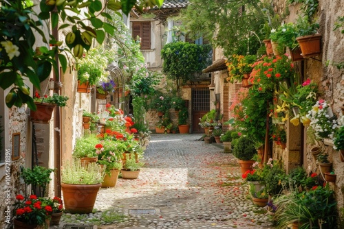 Italy Garden. Ancient Artistic Architecture in Beautiful Umbrian Medieval Courtyard