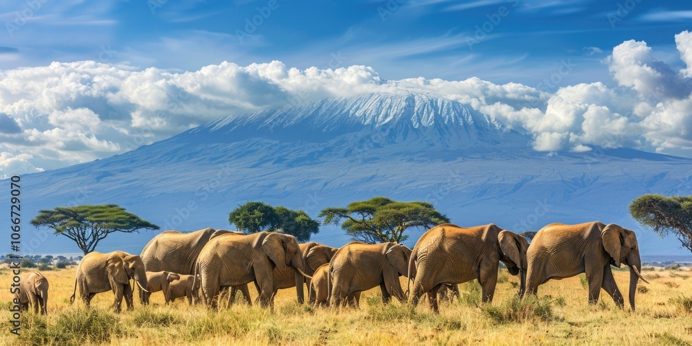 Kenya Safari: African Elephants Herd with Snow-Capped Kilimanjaro in Tanzania Background Kenya Safari: African Elephants Herd with Snow-Capped Kilimanjaro in Tanzania Background