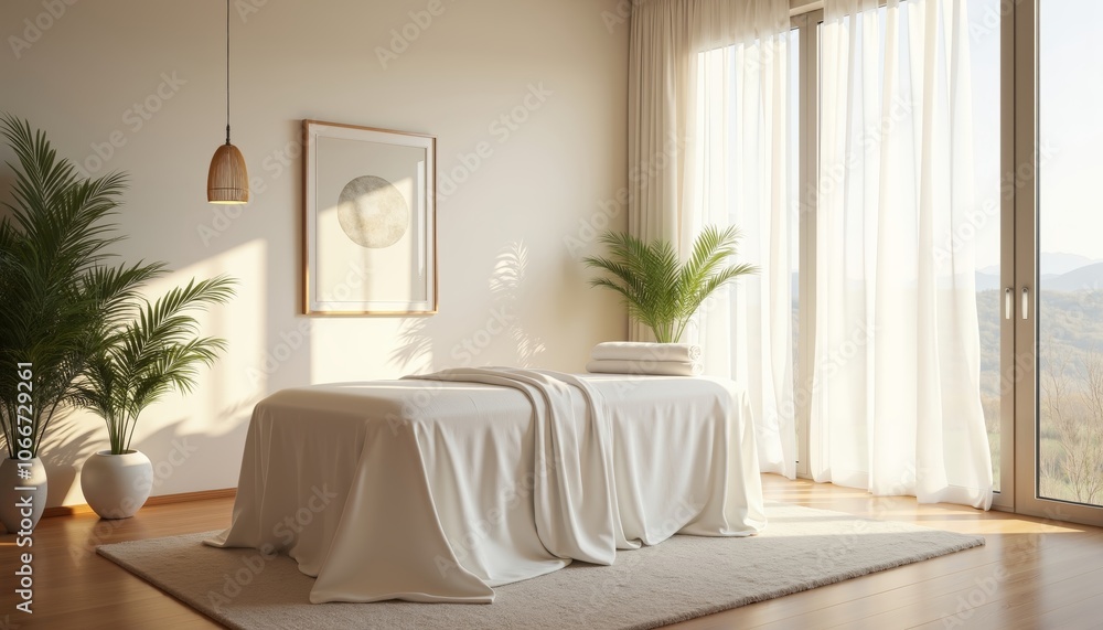 Fototapeta premium Serene Massage Therapy Room with Soft Linens and Natural Light.