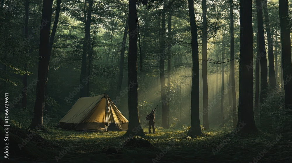 A lone figure stands in a misty forest with a tent. A lone figure stands in a misty forest with a tent.