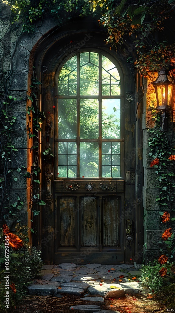 A Rustic Stone Archway and Wooden Door Leading to a Lush Garden A Rustic Stone Archway and Wooden Door Leading to a Lush Garden