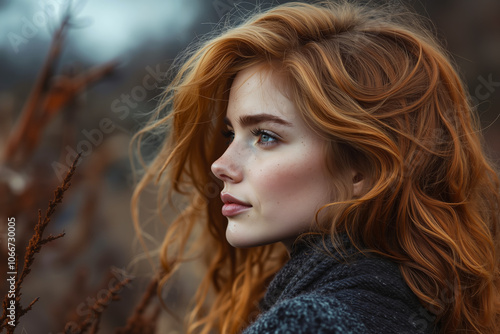 A woman with long red hair standing in a field