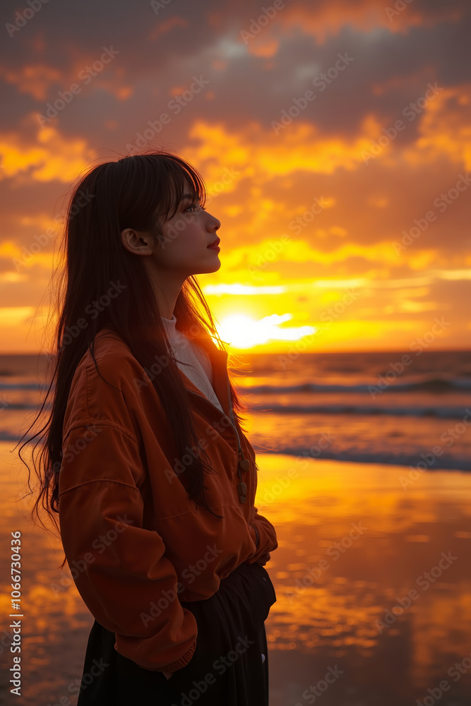 A woman standing on the beach looking out at the ocean at sunset A woman standing on the beach looking out at the ocean at sunset