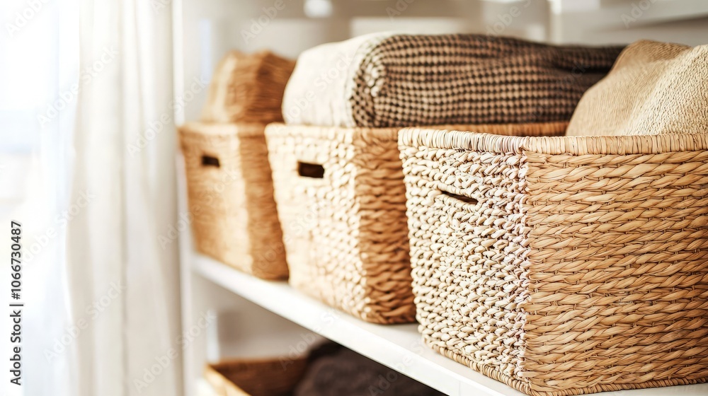Four woven storage baskets on a white shelf with various items inside.