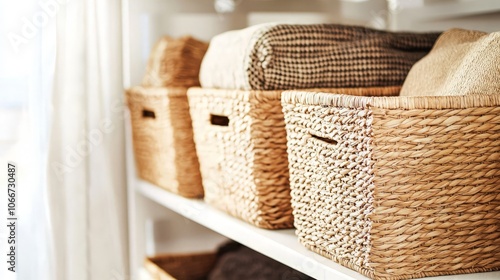 Four woven storage baskets on a white shelf with various items inside.