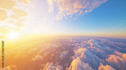 Golden sunset over a vast field of clouds from an airplane view.
