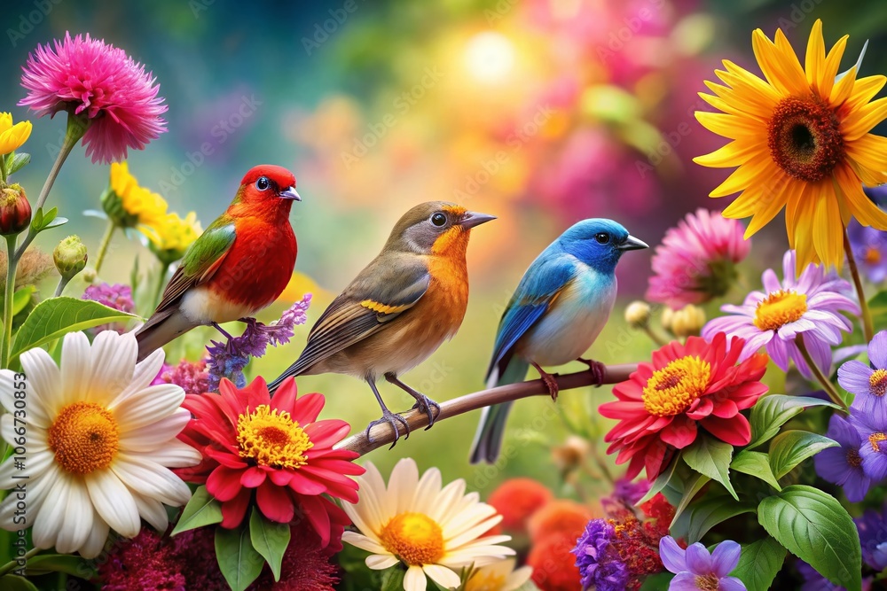 Stunning Macro Photography of Colorful Flowers and Birds Illustration in Nature’s Vibrant Palette, Capturing Intricate Details and the Harmony of Wildlife in a Lush Garden Setting Stunning Macro Photography of Colorful Flowers and Birds Illustration in Nature’s Vibrant Palette, Capturing Intricate Details and the Harmony of Wildlife in a Lush Garden Setting