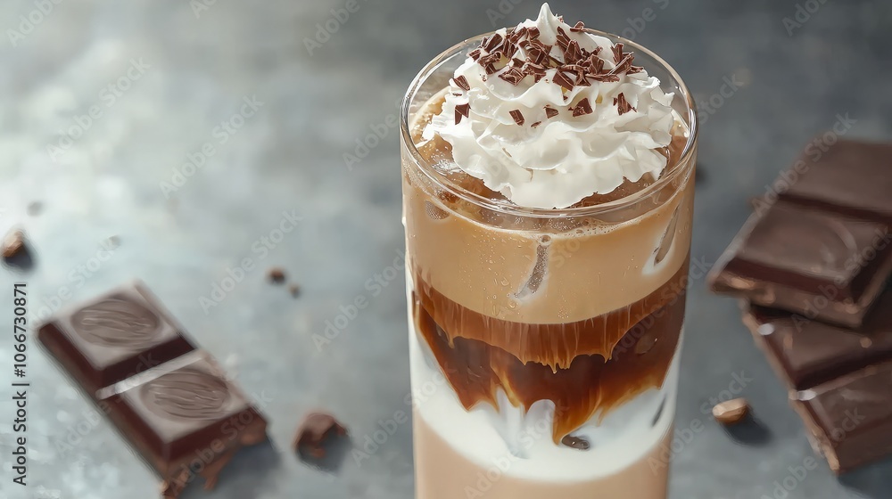 Iced coffee with chocolate syrup and whipped cream, served in a glass with chocolate bars. Iced coffee with chocolate syrup and whipped cream, served in a glass with chocolate bars.