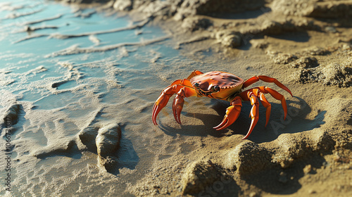 Crab scuttling across sandy beach near water's edge photo