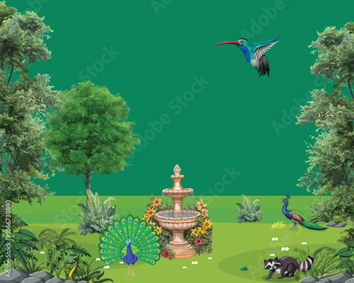 Vintage classical Roman ruins with garden, peacock, place landscape illustrations. Antique scenic wallpaper.