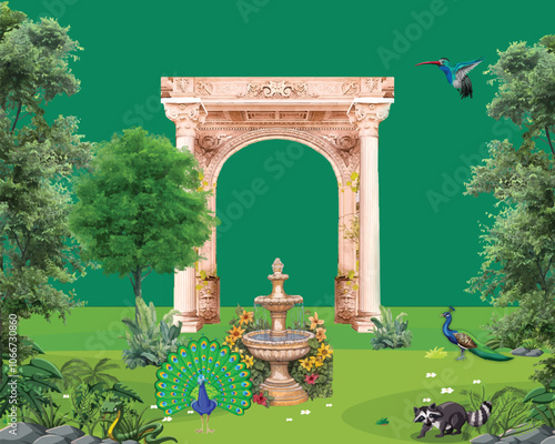 Mughal traditional garden arch with peacock, Mughal garden with bird parrot peacock plants tree palace illustration pattern for wallpaper