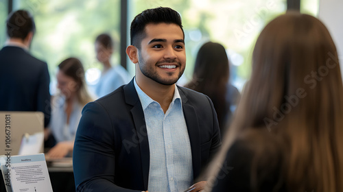 Excited Job Seekers at a Career Fair Engaging with Potential Employers, Showcasing the Anticipation and Hopefulness of Career Opportunities, Professional Networking, and Job Market Dynamics in a Livel photo