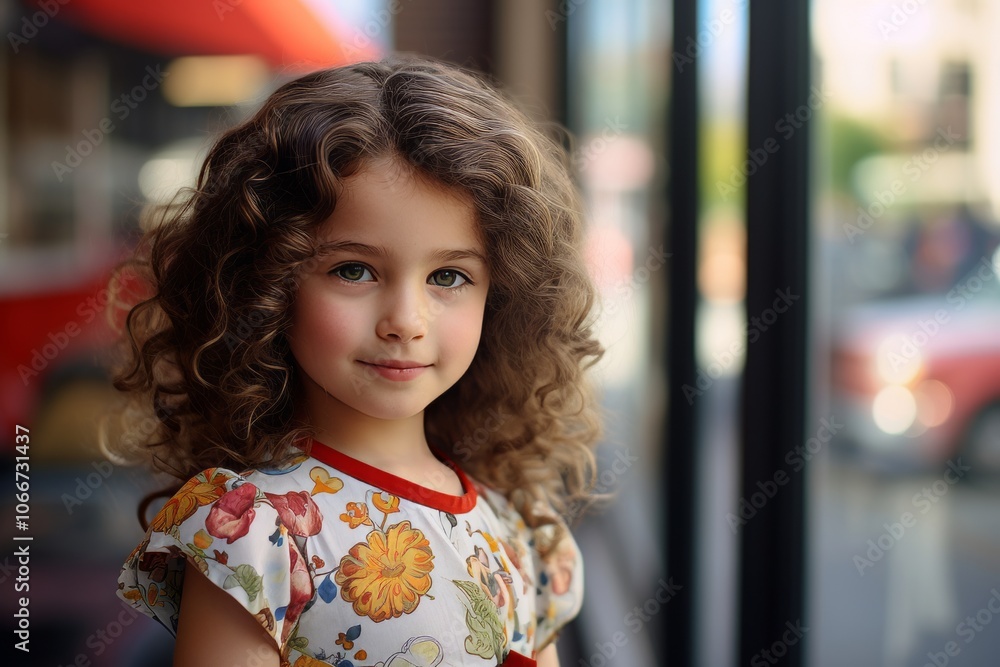 Portrait of a beautiful little girl with curly hair in a cafe Portrait of a beautiful little girl with curly hair in a cafe