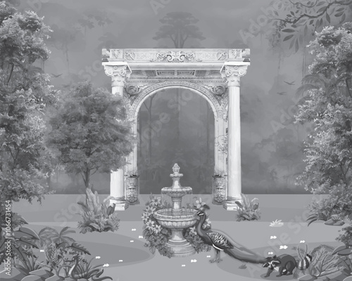 Mughal traditional garden arch with peacock, Mughal garden with bird parrot peacock plants tree palace illustration pattern for wallpaper