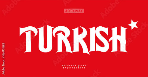 Ornamental turkish style font, bold eastern vibe letters, vintage calligraphic characters, Ottoman-inspired design with intricate arabesque details, cultural heritage typography. Vector typeset.