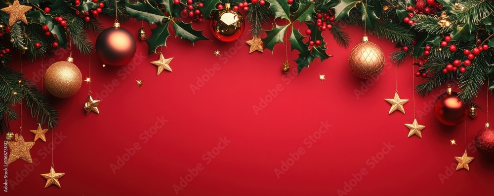 Christmas-themed mobile wallpaper with holly, gold ornaments, and stars on a festive red background Christmas-themed mobile wallpaper with holly, gold ornaments, and stars on a festive red background