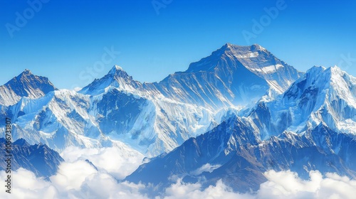 Majestic snow-capped mountain peaks rise above a sea of clouds under a bright blue sky.