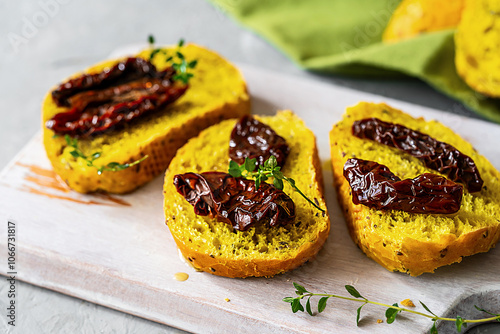 Slices of turmeric bread topped with sun-dried tomatoes and fresh thyme on a white wooden cutting board, with a green napkin in the background