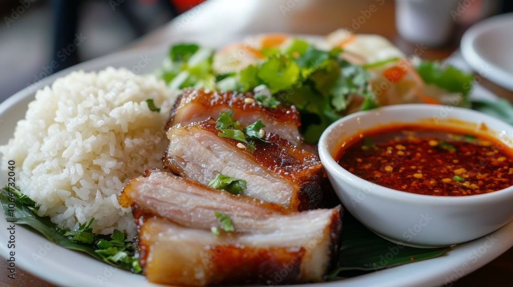 Delicious Asian Cuisine with Crispy Pork and Rice Delicious Asian Cuisine with Crispy Pork and Rice