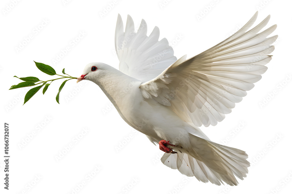 Fototapeta premium Flying White dove with an olive branch isolated on white background, clipping path, full depth of field