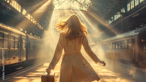 A woman in a beige coat and her hair is in the air, carrying a suitcase, runs along the platform of an old train station. Sunlight rays fall on her back as a vintage train passes by distant view.