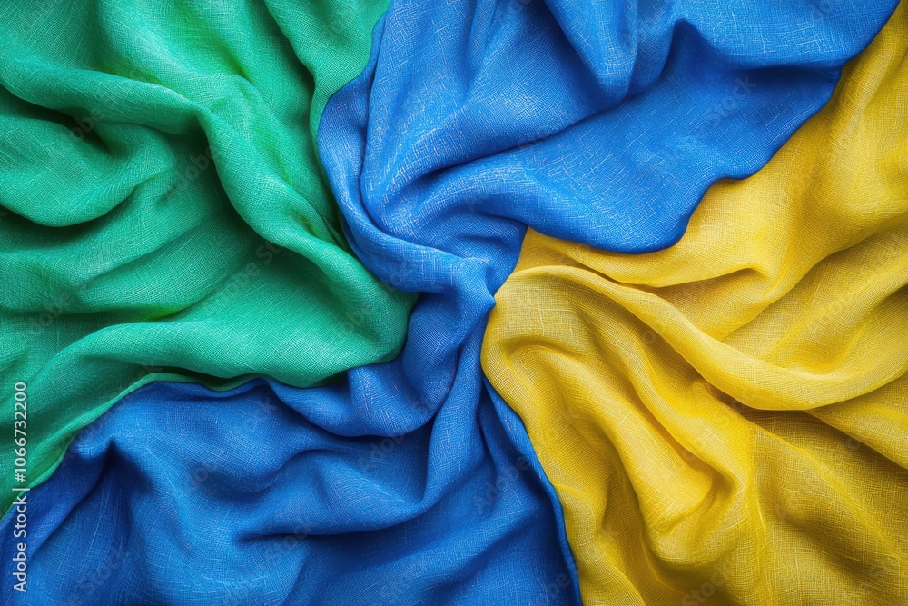 A vibrant arrangement of colorful fabrics in green, blue, and yellow, showcasing texture and design potential for fashion or decor. A vibrant arrangement of colorful fabrics in green, blue, and yellow, showcasing texture and design potential for fashion or decor.