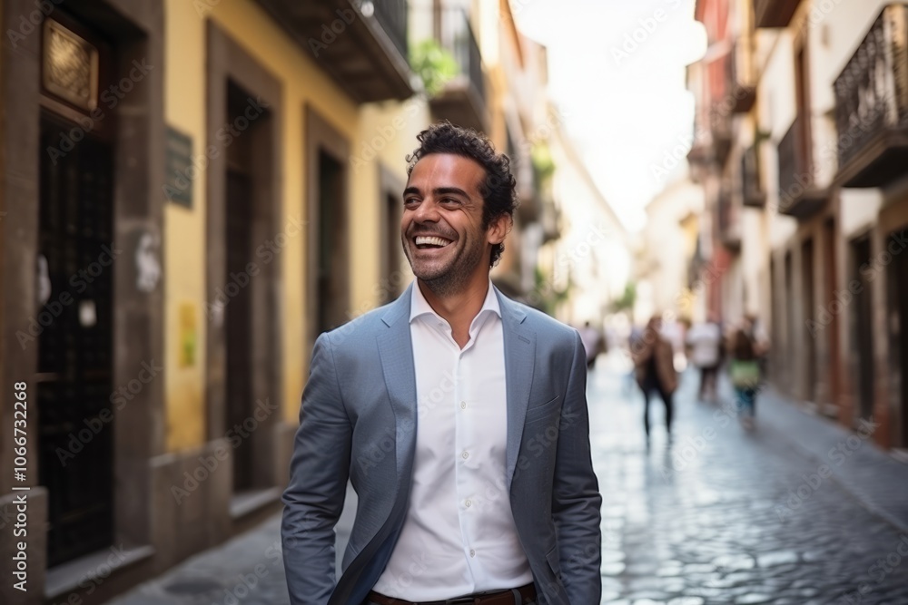 Portrait of a happy young businessman walking down a street in the city Portrait of a happy young businessman walking down a street in the city