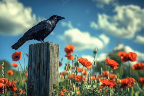 A black bird sits atop a wooden post, perhaps singing or observing its surroundings photo