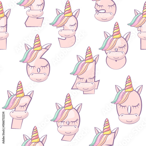 Seamless pattern numbers like unicorns from 0 to 9. Cute Unicorn numbers illustration for birthday party. Calligraphy, lettering, typography for your Education cards, greeting cards or game