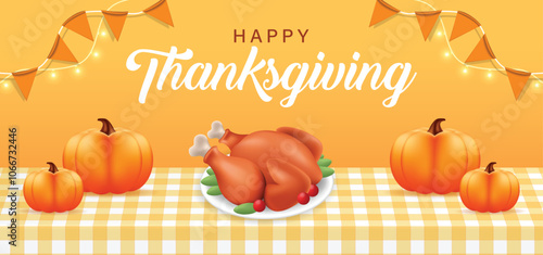 3d Thanksgiving Greeting Card. a festive table with a tablecloth with baked turkey and pumpkin on the background of a congratulatory inscription. flat vector illustration