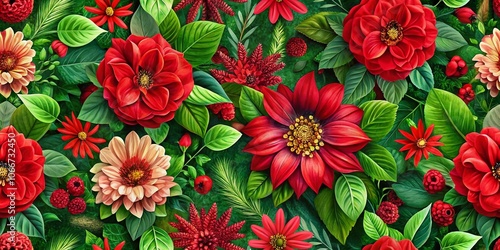 Stunning Panoramic Photography of a Red Flower Seamless Pattern for Nature and Floral Design Enthusiasts, Perfect for Textiles, Wallpapers, and Home Decor Projects