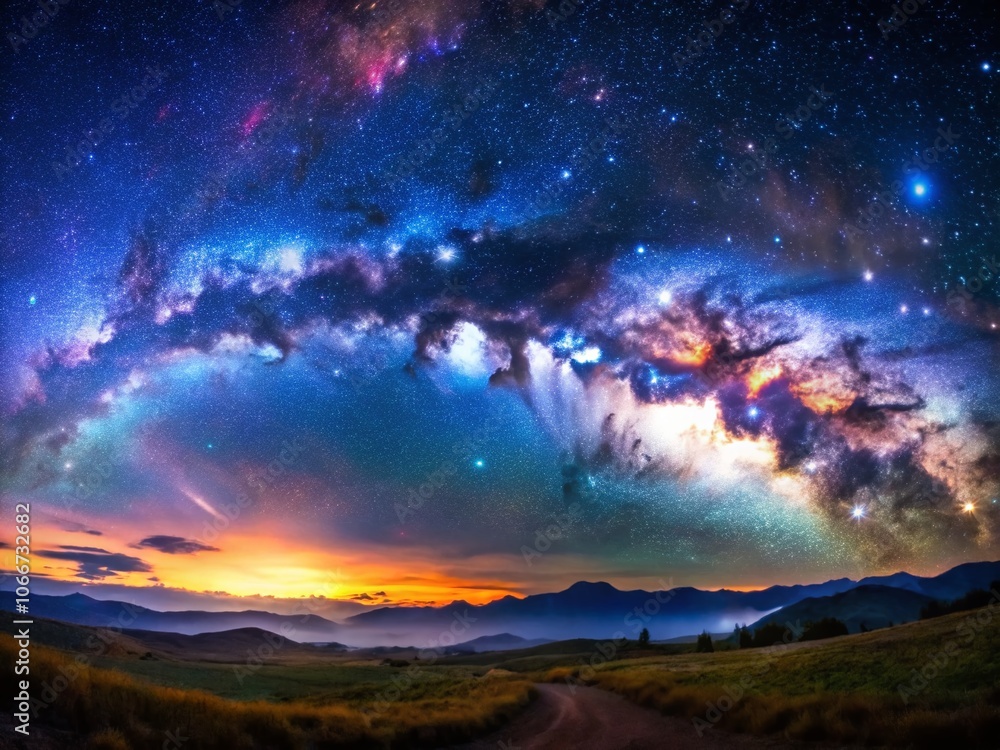 Fototapeta premium Stunning Panoramic View of the Night Sky with Galaxies, Nebulae, and Stars – An Astronomy Enthusiast's Dream of Space Exploration and Cosmic Wonders