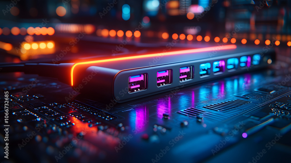 Close-Up of a Modern USB Hub with Multiple Ports, Showcasing Connectivity and Versatility for Various Devices, Highlighting Compact Design, Enhanced Functionality, and Practicality for Efficient Data Close-Up of a Modern USB Hub with Multiple Ports, Showcasing Connectivity and Versatility for Various Devices, Highlighting Compact Design, Enhanced Functionality, and Practicality for Efficient Data