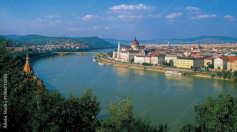 Fototapeta premium Panoramic view of the Hungarian Parliament Building and the Danube River in Budapest, Hungary.